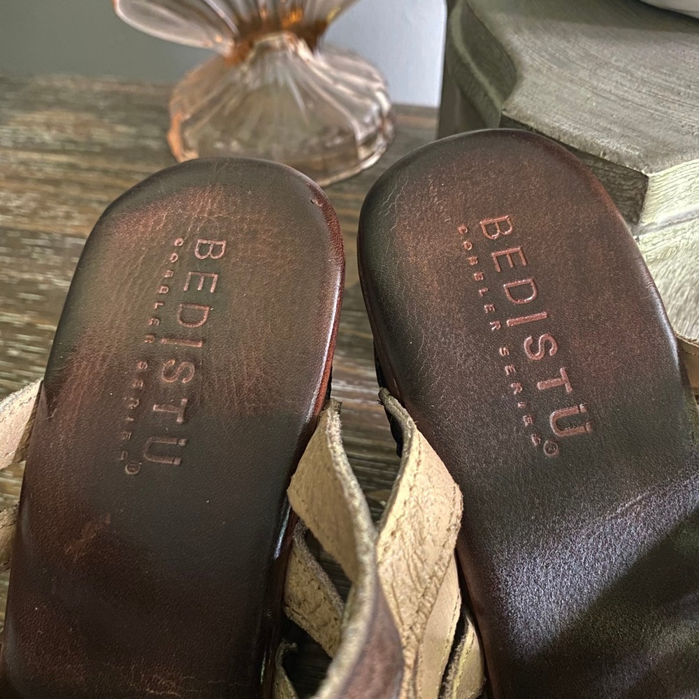 Bed Stu Gina Handmade Leather Studded Wood Platform Wedges Sandals Shoe 10 Brown - Picture 3 of 9